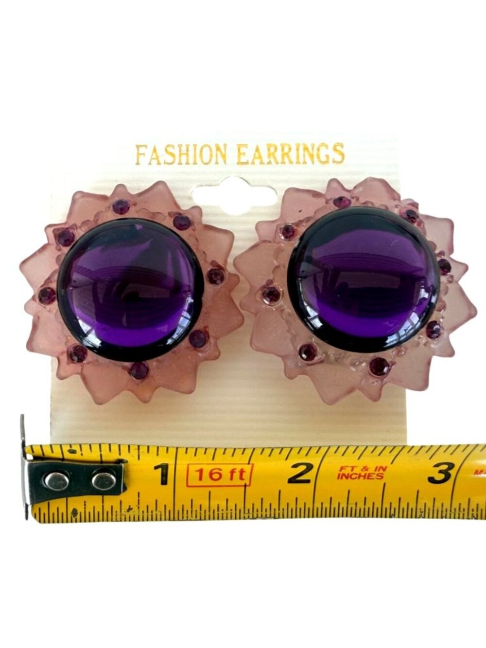 Vintage NOS Large Purple Center Pink Petal Statement Earrings Clip-On Flower